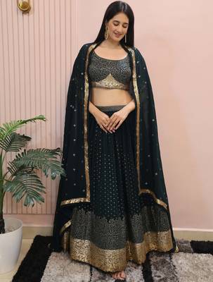 dark green sequins georgette party lehenga set choli with dupatta with dupatta 2