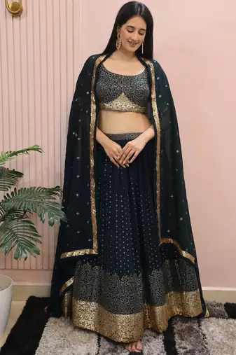 dark green sequins georgette party lehenga set choli with dupatta with dupatta