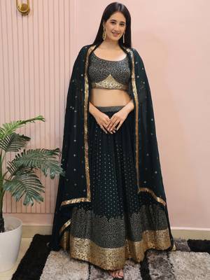 dark green sequins georgette party lehenga set choli with dupatta with dupatta 3