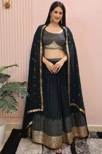 dark green sequins georgette party lehenga set choli with dupatta with dupatta