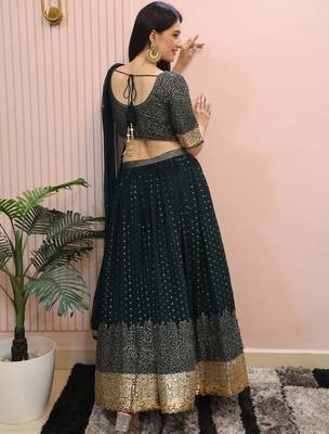 dark green sequins georgette party lehenga set choli with dupatta with dupatta 4