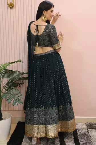 dark green sequins georgette party lehenga set choli with dupatta with dupatta