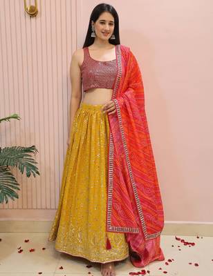 yellow zari work georgette haldi lehenga with blouse 1