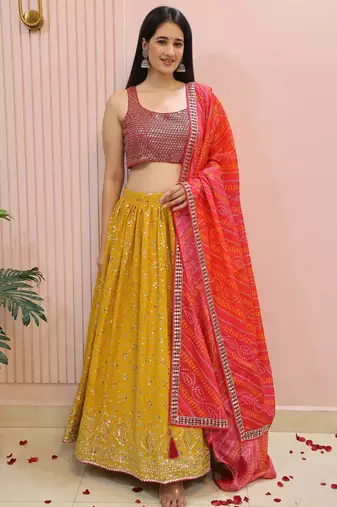 Stunning Yellow Zari Work Georgette Haldi Wear Lehenga With Blouse