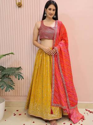 yellow zari work georgette haldi lehenga with blouse 2