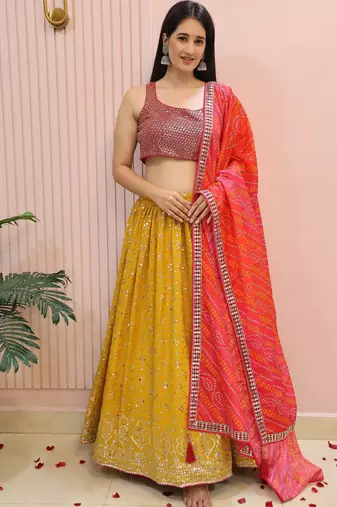 yellow zari work georgette haldi lehenga with blouse