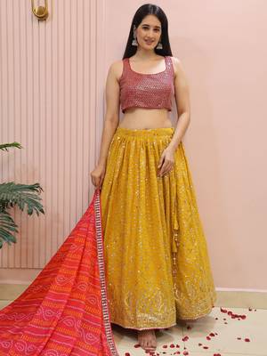 yellow zari work georgette haldi lehenga with blouse 3