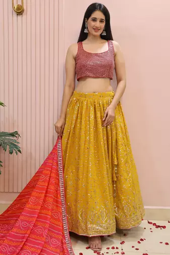 yellow zari work georgette haldi lehenga with blouse