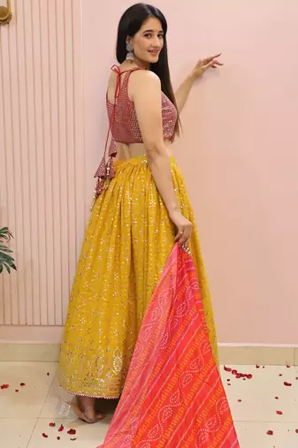 yellow zari work georgette haldi lehenga with blouse