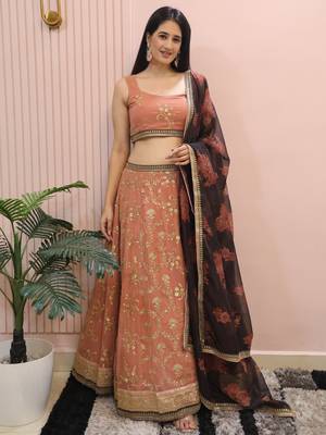 peach sequins georgette lehenga set choli with dupatta with dupatta 1