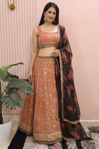 Peach Sequins Georgette Bridesmaid Lehenga Choli With Dupatta
