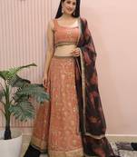 Peach Sequins Georgette Bridesmaid Lehenga Choli With Dupatta