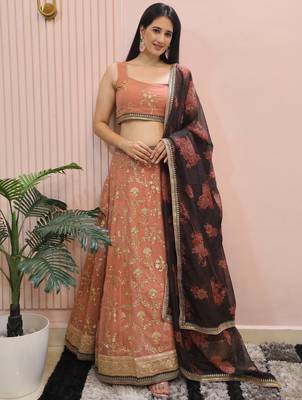 peach sequins georgette lehenga set choli with dupatta with dupatta 2