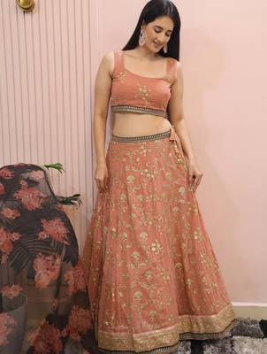 peach sequins georgette lehenga set choli with dupatta with dupatta 3