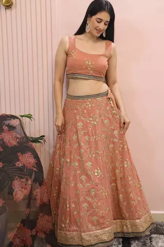 peach sequins georgette lehenga set choli with dupatta with dupatta