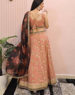 peach sequins georgette lehenga set choli with dupatta with dupatta 4