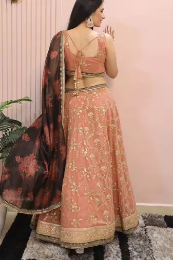 peach sequins georgette lehenga set choli with dupatta with dupatta