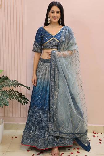 Impressive Blue Sequins Chinon Party Wear Lehenga Choli With Dupatta