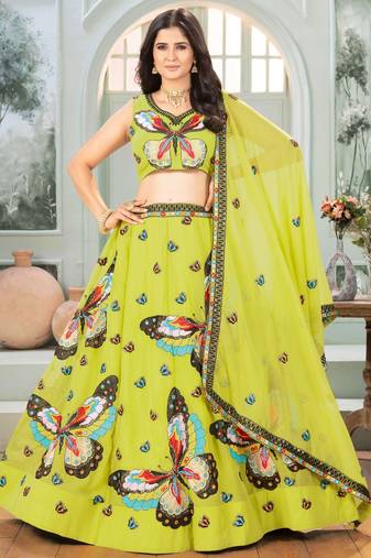 Beauteous Parrot Green Embroidered Georgette Festive Wear Lehenga Choli