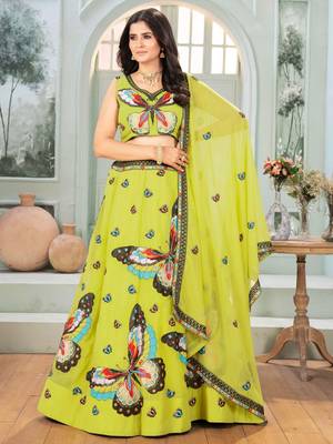 parrot green embroidered georgette festive lehenga set choli with dupatta 2