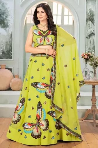 parrot green embroidered georgette festive lehenga set choli with dupatta