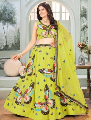 parrot green embroidered georgette festive lehenga set choli with dupatta 3