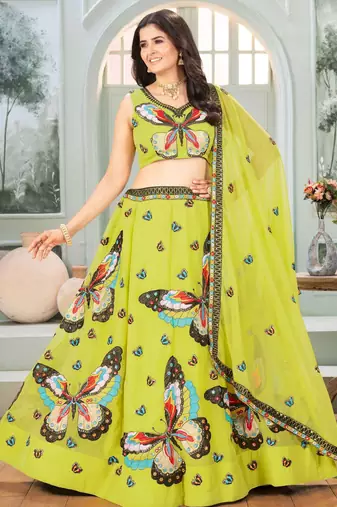 parrot green embroidered georgette festive lehenga set choli with dupatta
