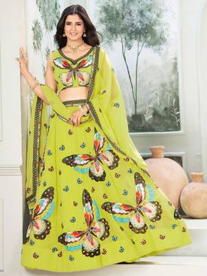 parrot green embroidered georgette festive lehenga set choli with dupatta 4