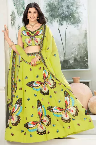 parrot green embroidered georgette festive lehenga set choli with dupatta