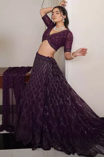 wine embroidered party lehenga set choli with dupatta with dupatta