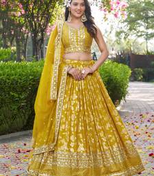 yellow thread embroidery lehenga set choli with dupatta