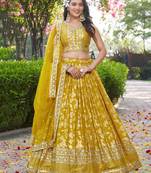 Yellow Thread Embroidery Sangeet Wear Lehenga Choli