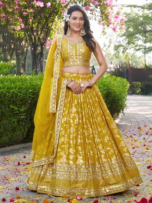 yellow thread embroidery lehenga set choli with dupatta 2