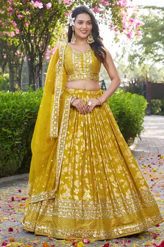 yellow thread embroidery lehenga set choli with dupatta