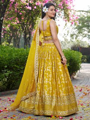 yellow thread embroidery lehenga set choli with dupatta 4