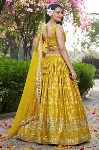 yellow thread embroidery lehenga set choli with dupatta