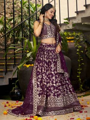 wine silk thread embroidery party lehenga set choli with dupatta 3