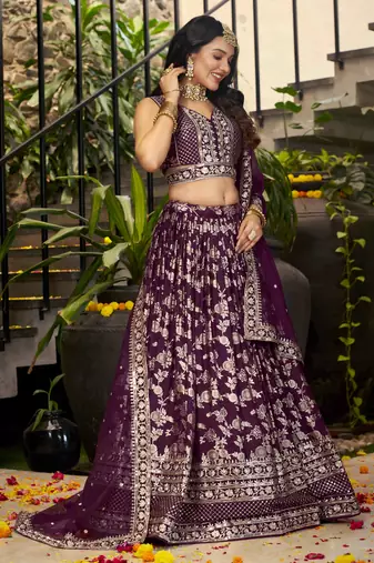 wine silk thread embroidery party lehenga set choli with dupatta