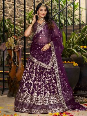 wine silk thread embroidery party lehenga set choli with dupatta 4