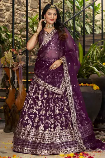 wine silk thread embroidery party lehenga set choli with dupatta
