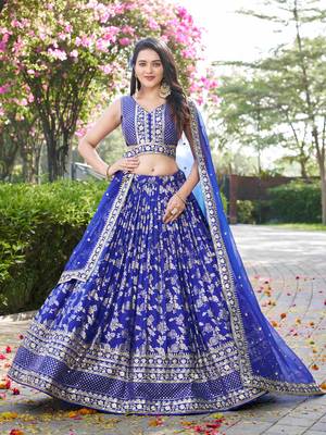 royal blue silk thread embroidery lehenga set choli with dupatta 3