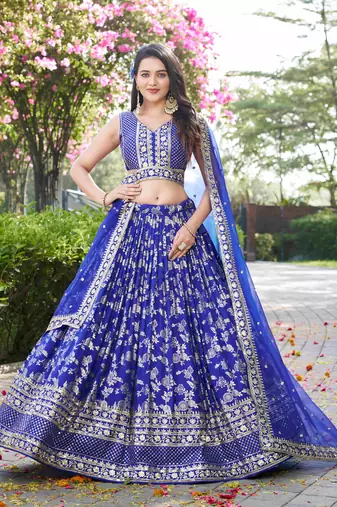 royal blue silk thread embroidery lehenga set choli with dupatta