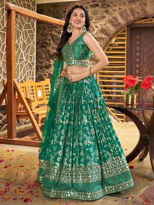 rama green mehendi golden zari lehenga set choli with dupatta 3