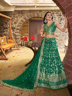 rama green mehendi golden zari lehenga set choli with dupatta 4