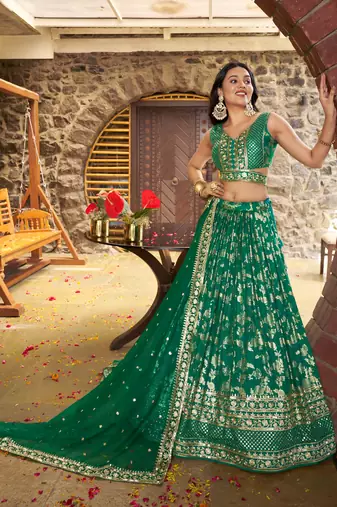 rama green mehendi golden zari lehenga set choli with dupatta