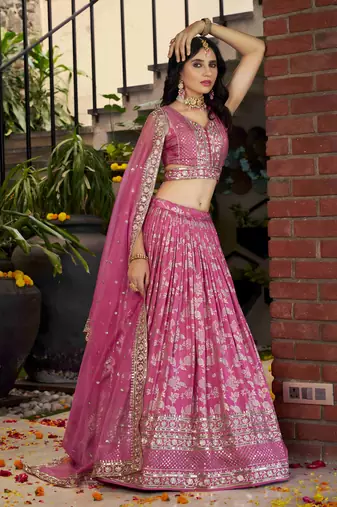 pink party silk zari lehenga set choli with dupatta with dupatta