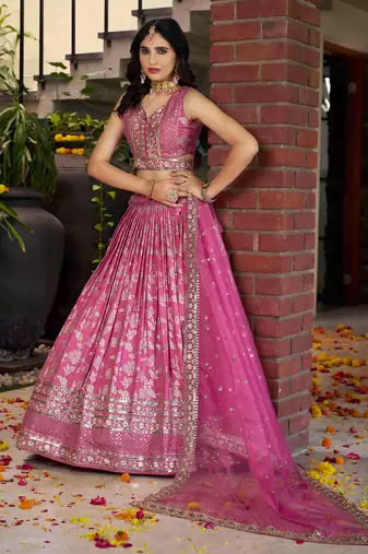 pink party silk zari lehenga set choli with dupatta with dupatta