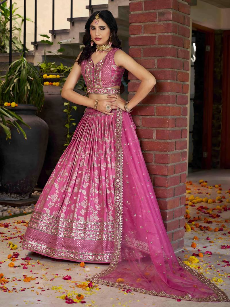 Pink Party Wear Silk Zari Lehenga Choli With Dupatta