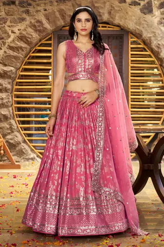 Charming Peach Zari Silk Ceremonial Wear Lehenga Choli With Dupatta