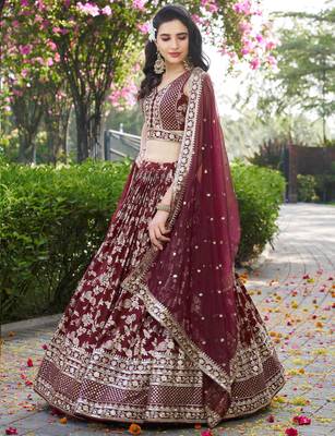 maroon zari work silk bridesmaids lehenga set choli with dupatta with dupatta 2